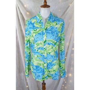 Lilly Pulitzer 10 Jonni Turquoise Gator Alley Print Cotton Button Up Shirt Top